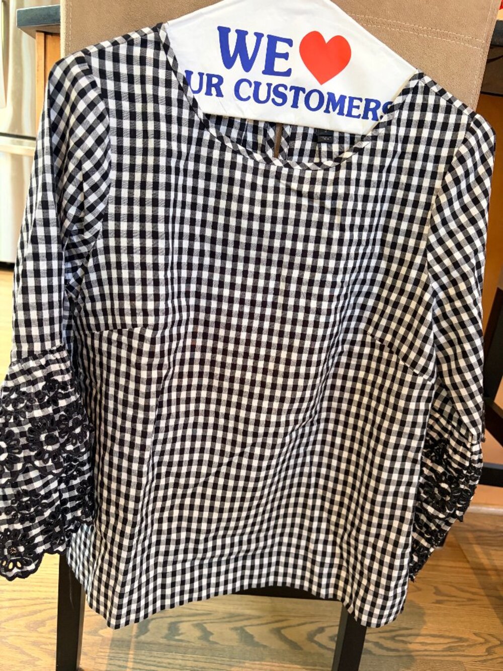 EUC J. Crew Gingham Top Embroidered Bell Sleeve Size 2 - Picture 2 of 11